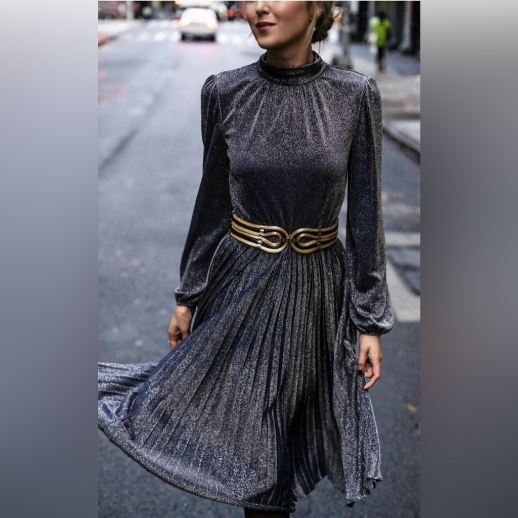 Bcbg Navy Blue Sparkle Metallic Mock Neck Midi Dress